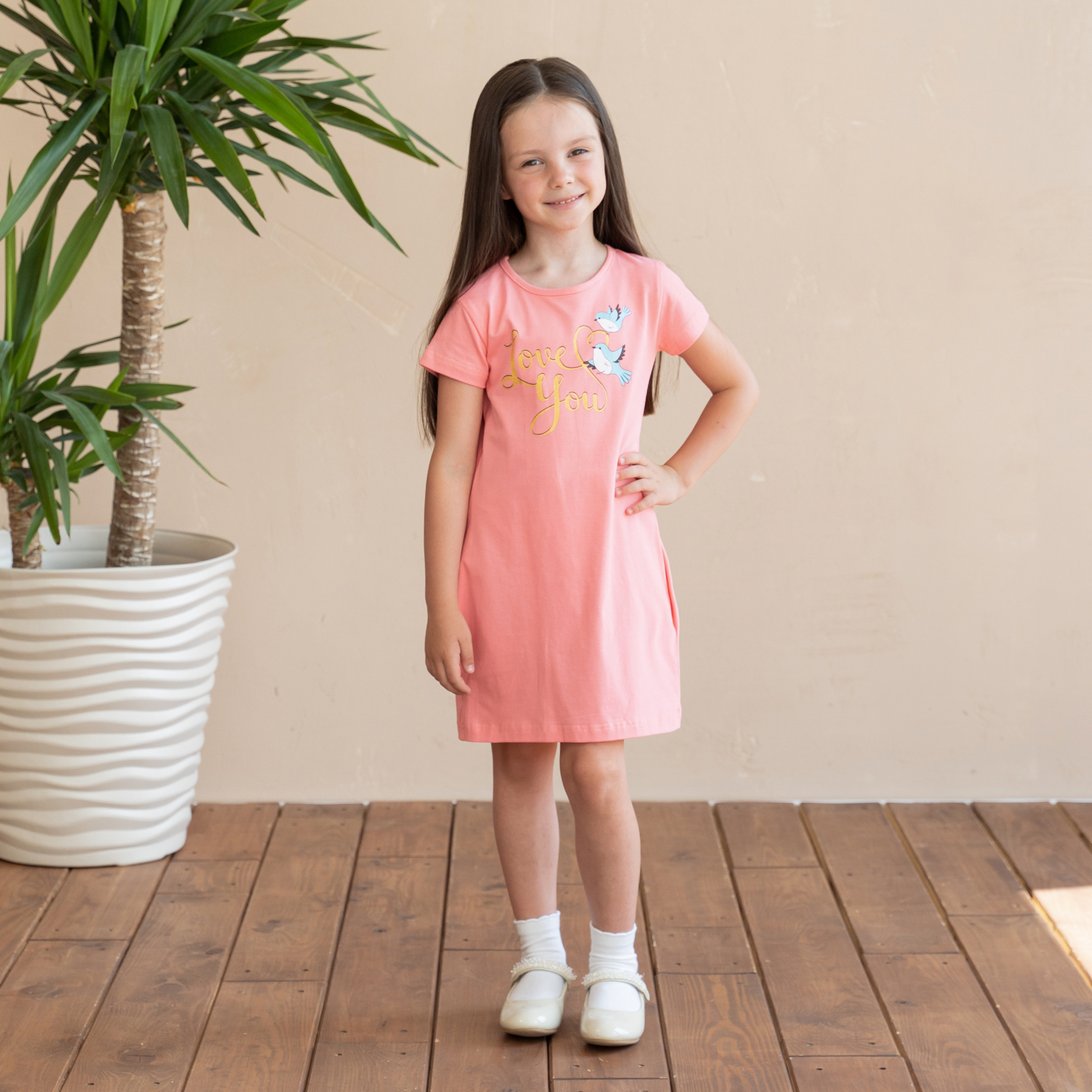 ПЛ-736 Платье для девочки (розовый птицы)